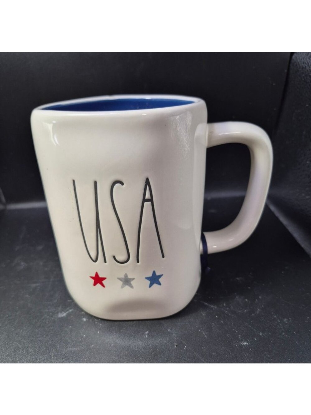 Rae Dunn USA Mug Artisan Collection Blue Interior White Ceramic Stars